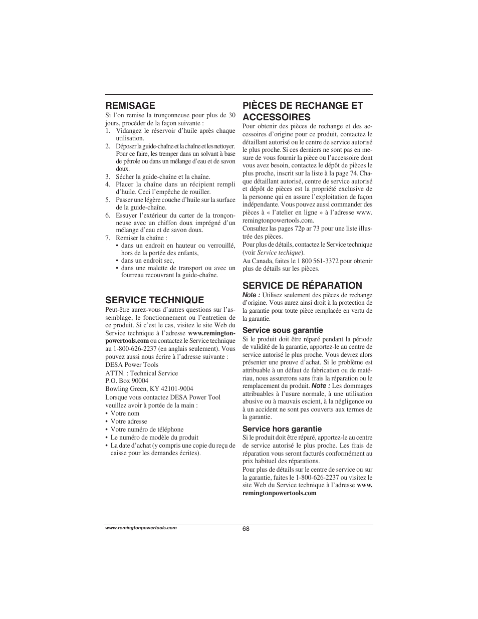 Service de réparation, Service technique, Pièces de rechange et accessoires | Remisage | Remington Power Tools M15014AS User Manual | Page 68 / 76