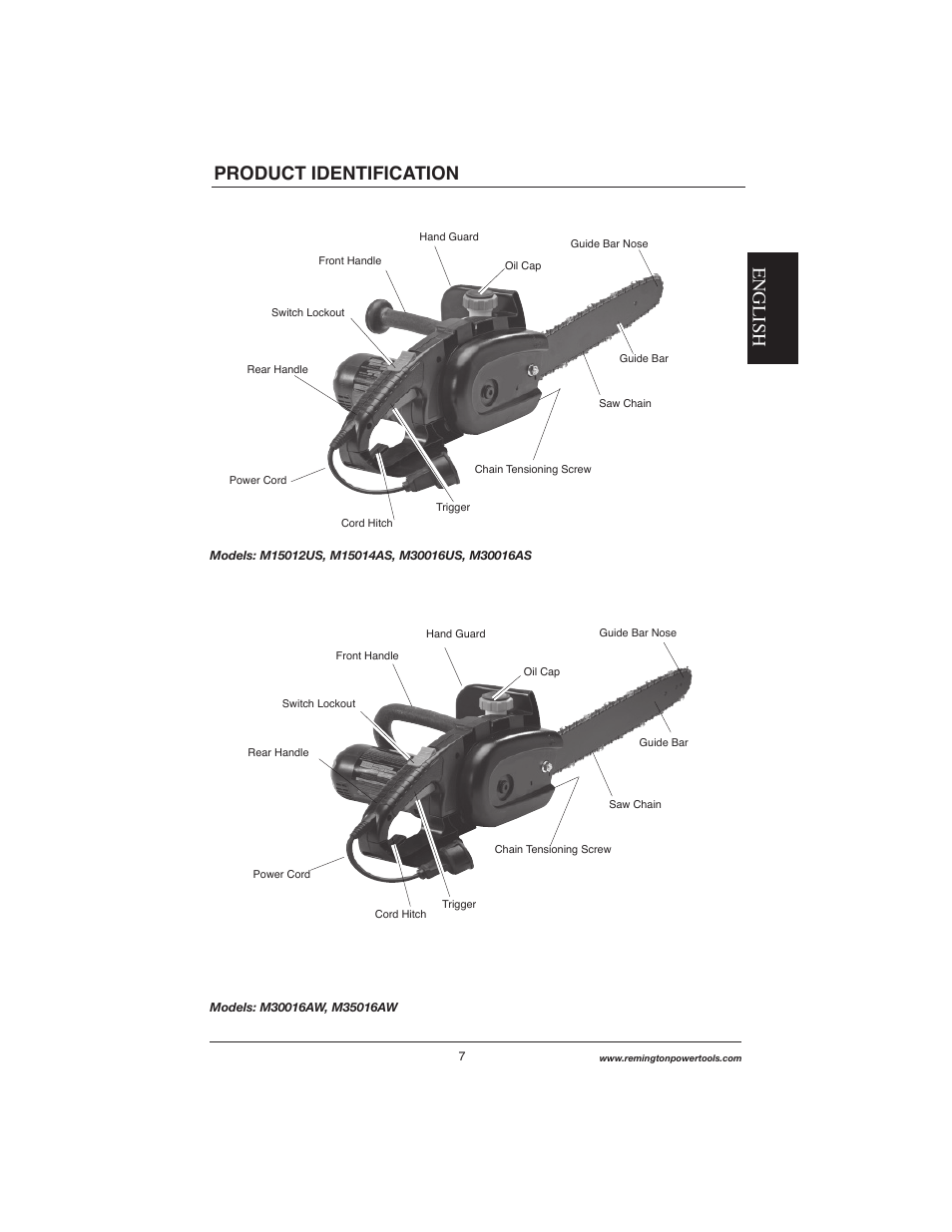 English, Product identification | Remington Power Tools M15014AS User Manual | Page 7 / 76