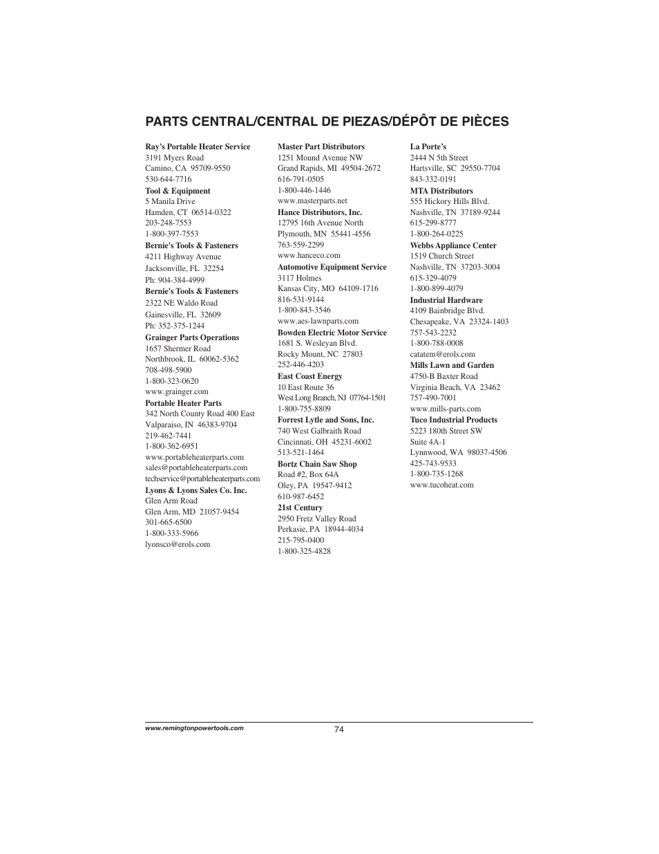 Parts central/central de piezas/dépôt de pièces | Remington Power Tools M15014AS User Manual | Page 74 / 76