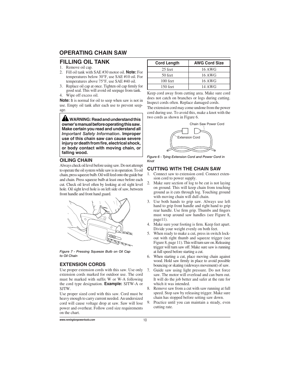 Filling oil tank, Operating chain saw | Remington Power Tools ES1512US User Manual | Page 10 / 60