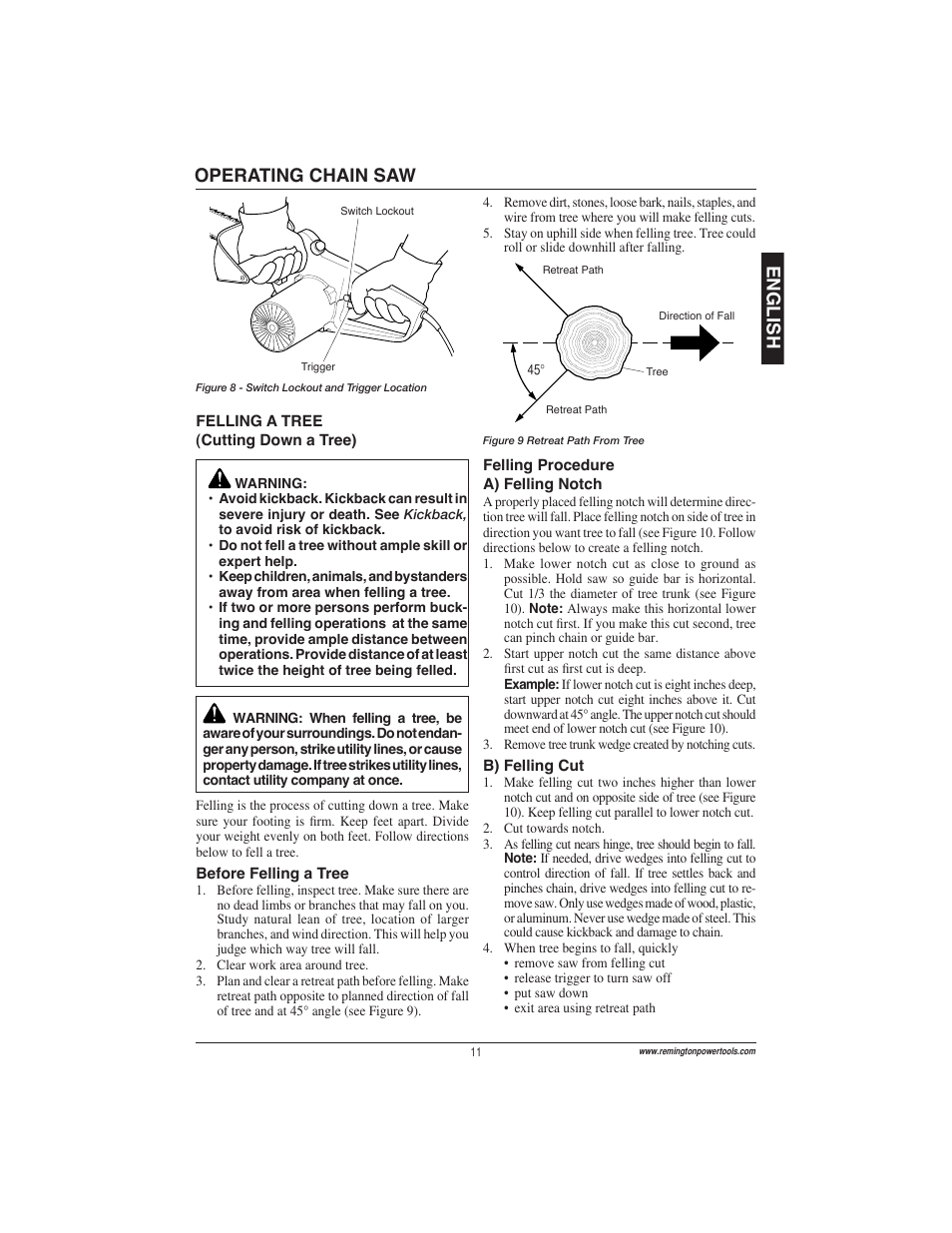 English, Operating chain saw | Remington Power Tools ES1512US User Manual | Page 11 / 60