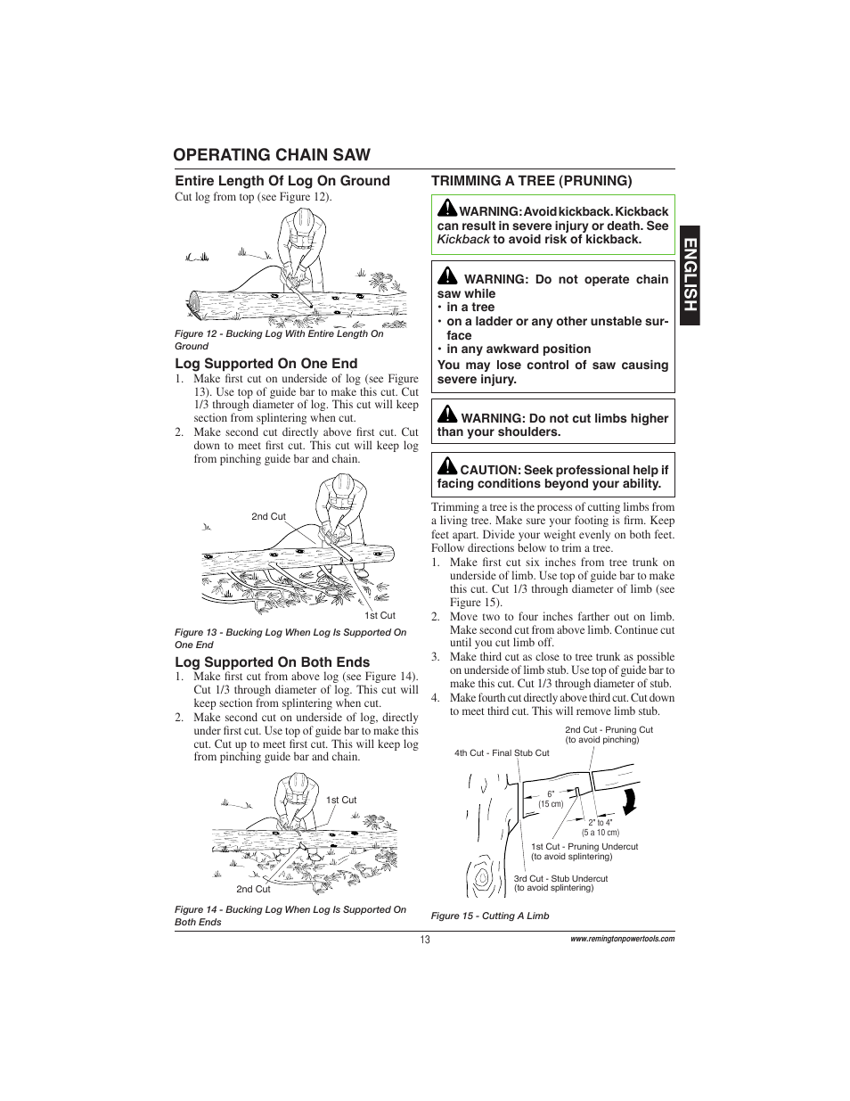 English, Operating chain saw | Remington Power Tools ES1512US User Manual | Page 13 / 60