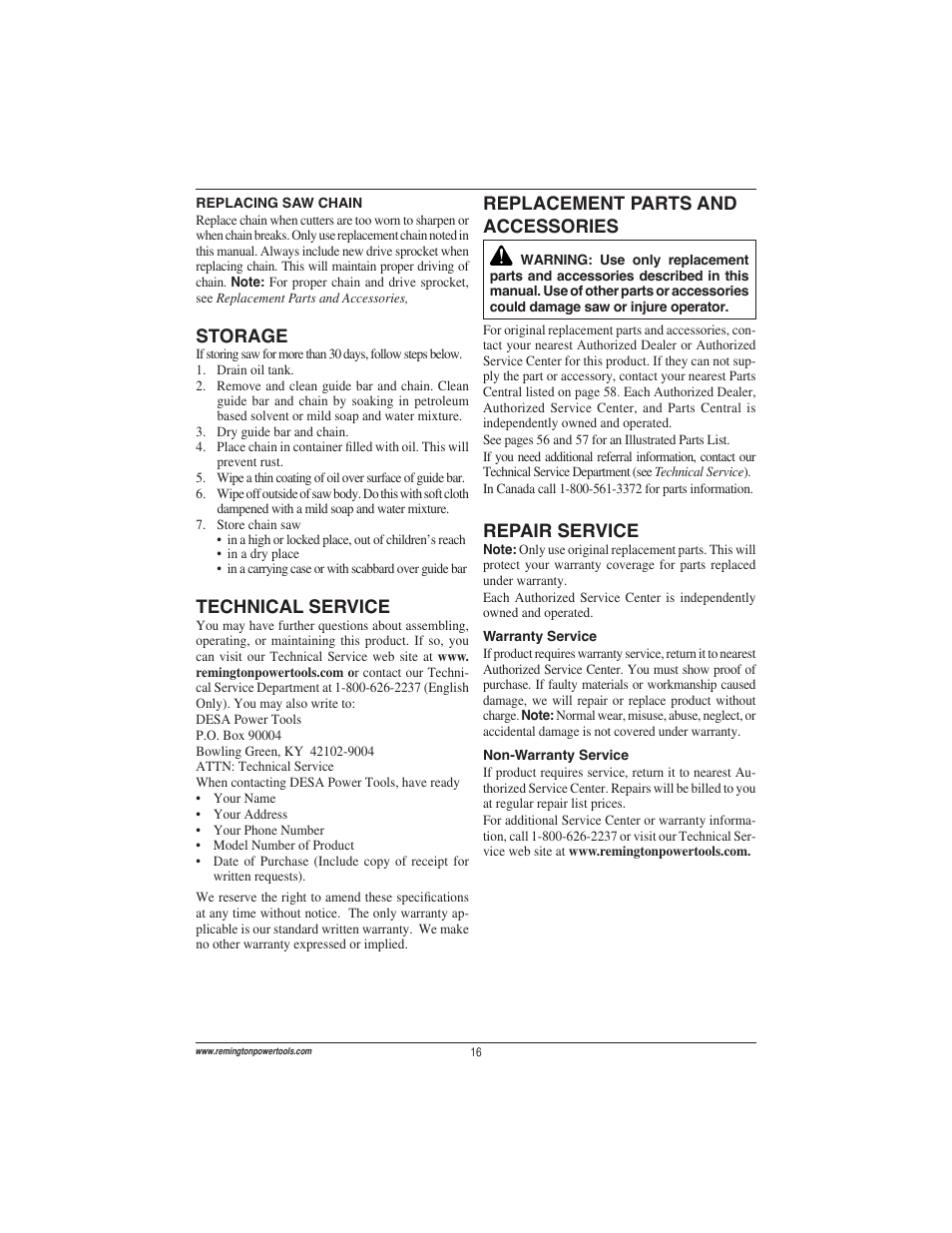 Repair service, Technical service, Replacement parts and accessories | Storage | Remington Power Tools ES1512US User Manual | Page 16 / 60