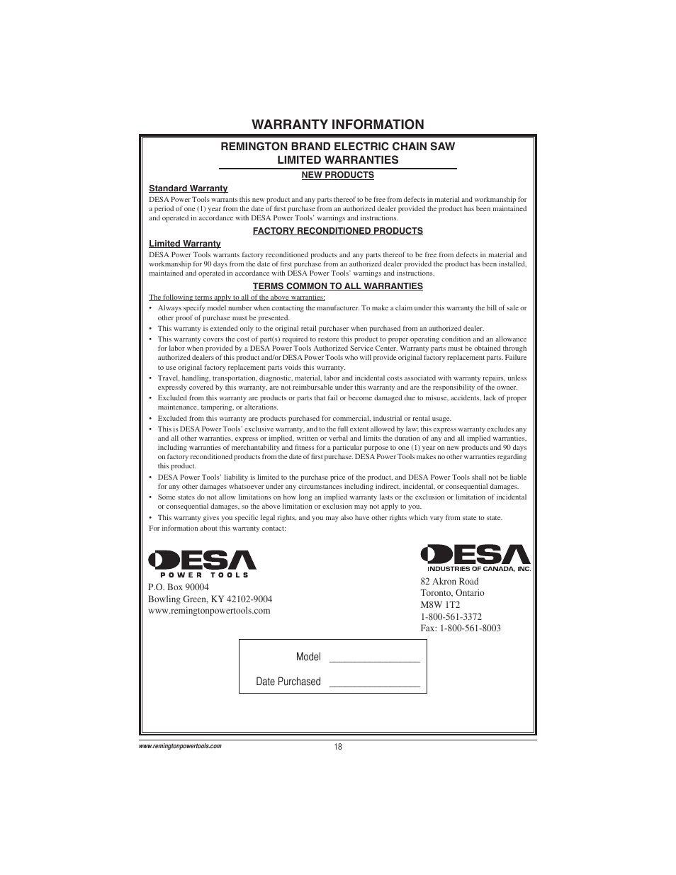 Warranty information | Remington Power Tools ES1512US User Manual | Page 18 / 60