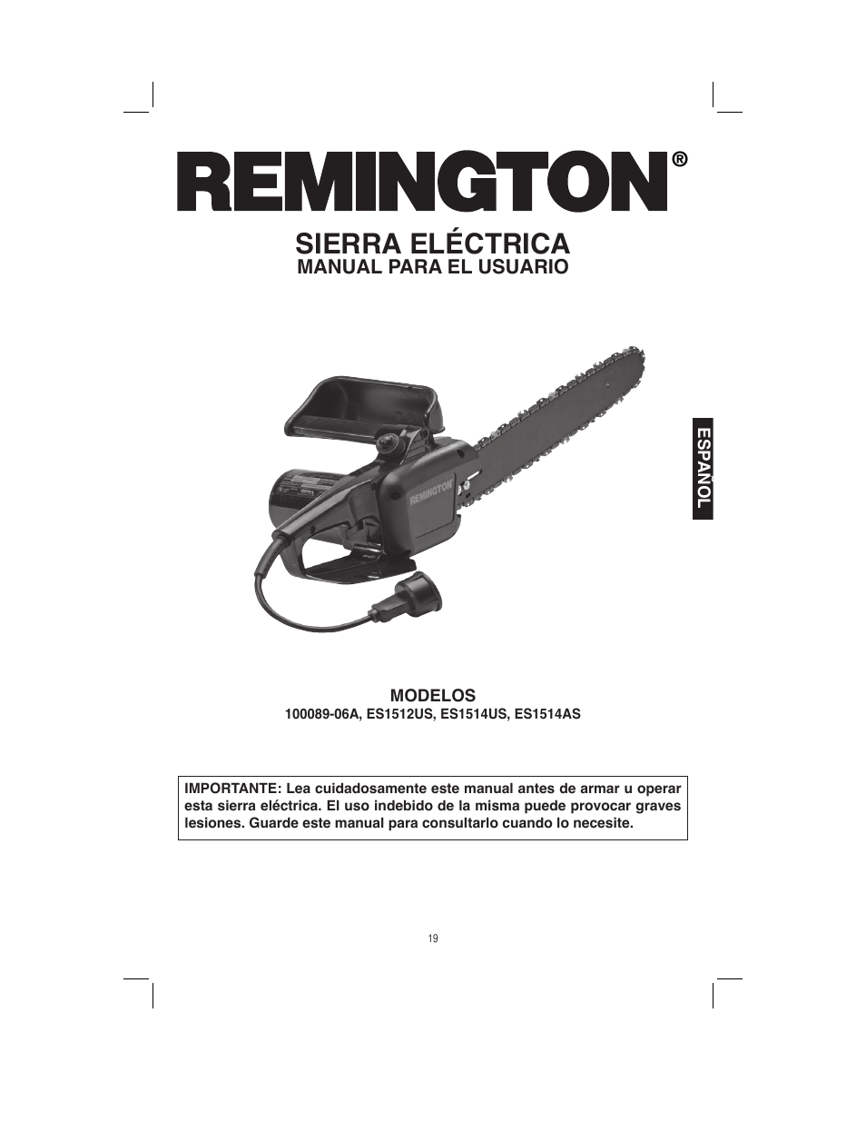 Sierra eléctrica | Remington Power Tools ES1512US User Manual | Page 19 / 60