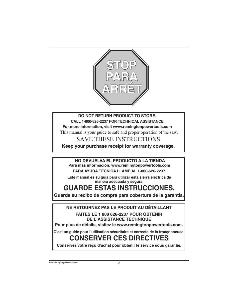 Stop, Stop para para arrét arrét, Conserver ces directives | Guarde estas instrucciones | Remington Power Tools ES1512US User Manual | Page 2 / 60