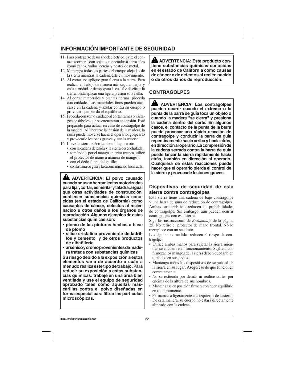 Remington Power Tools ES1512US User Manual | Page 22 / 60