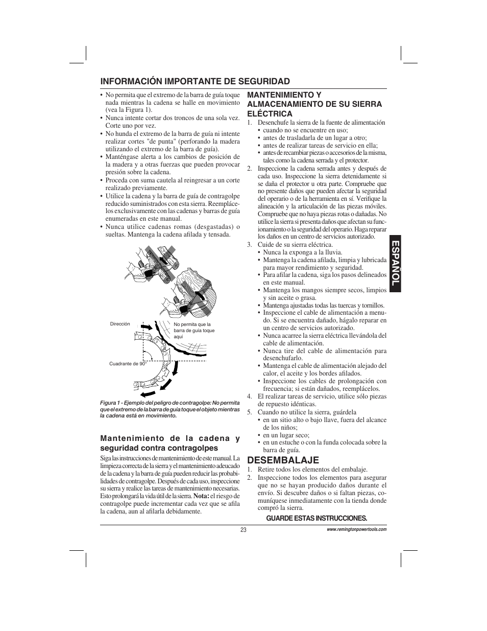 Esp a ñ ol, Desembalaje | Remington Power Tools ES1512US User Manual | Page 23 / 60