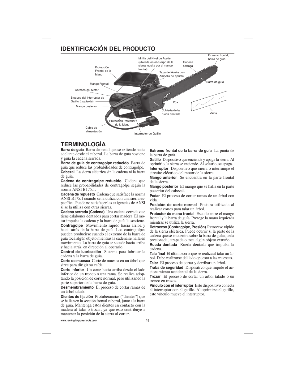 Terminología identificación del producto | Remington Power Tools ES1512US User Manual | Page 24 / 60