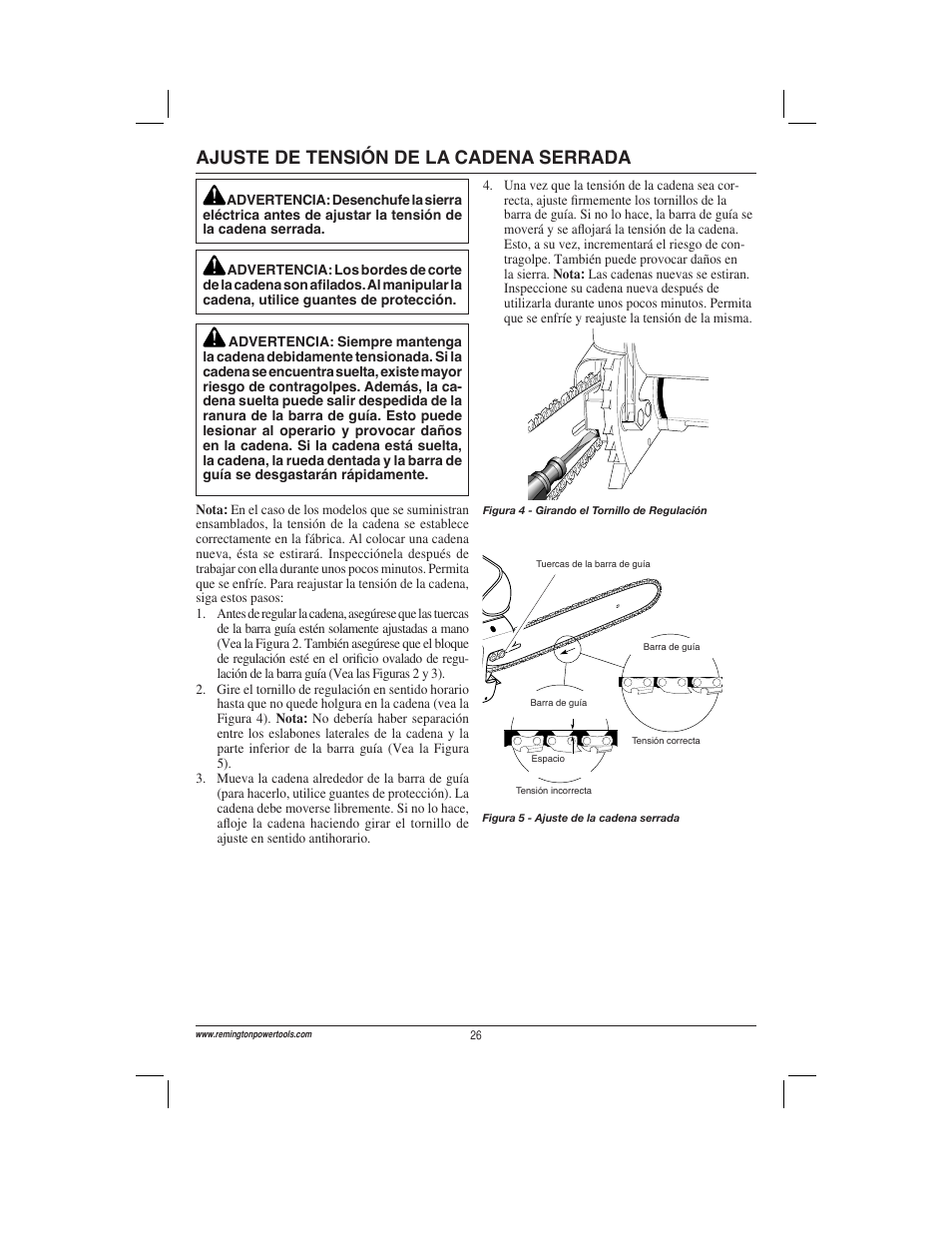 Ajuste de tensión de la cadena serrada | Remington Power Tools ES1512US User Manual | Page 26 / 60