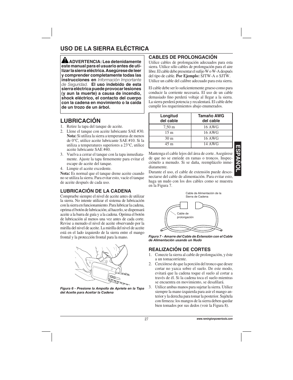 Esp a ñ ol, Lubricación, Uso de la sierra eléctrica | Remington Power Tools ES1512US User Manual | Page 27 / 60