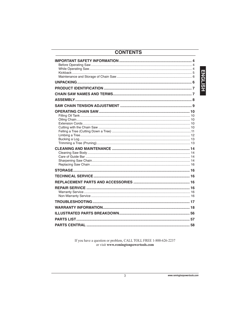 English contents | Remington Power Tools ES1512US User Manual | Page 3 / 60