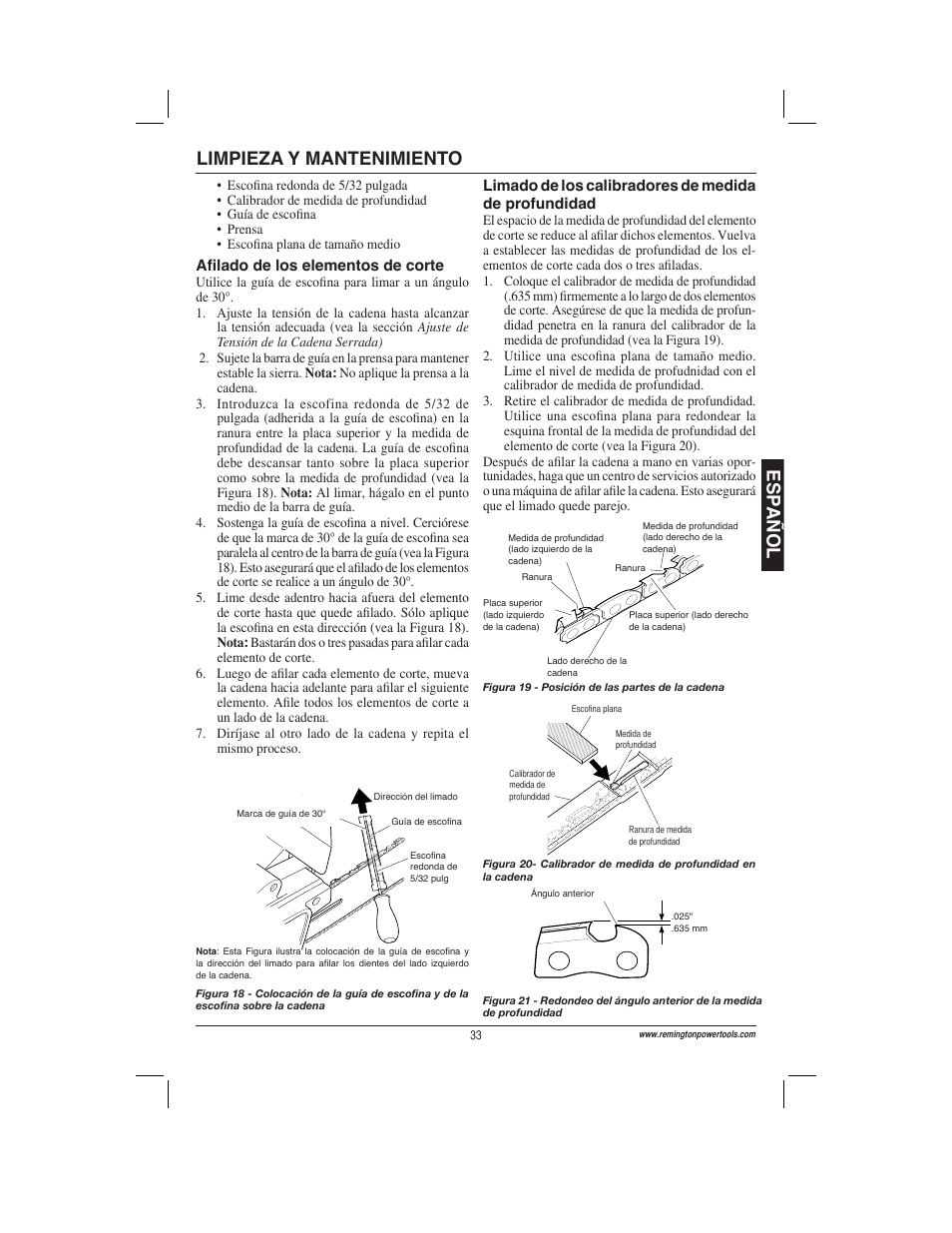 Esp a ñ ol, Limpieza y mantenimiento | Remington Power Tools ES1512US User Manual | Page 33 / 60