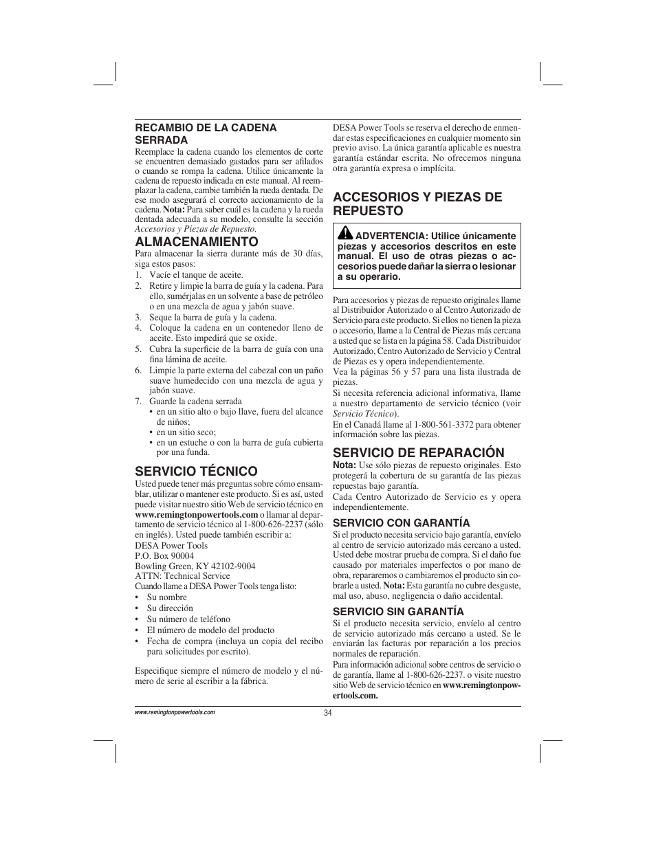 Servicio de reparación, Almacenamiento, Servicio técnico | Accesorios y piezas de repuesto | Remington Power Tools ES1512US User Manual | Page 34 / 60