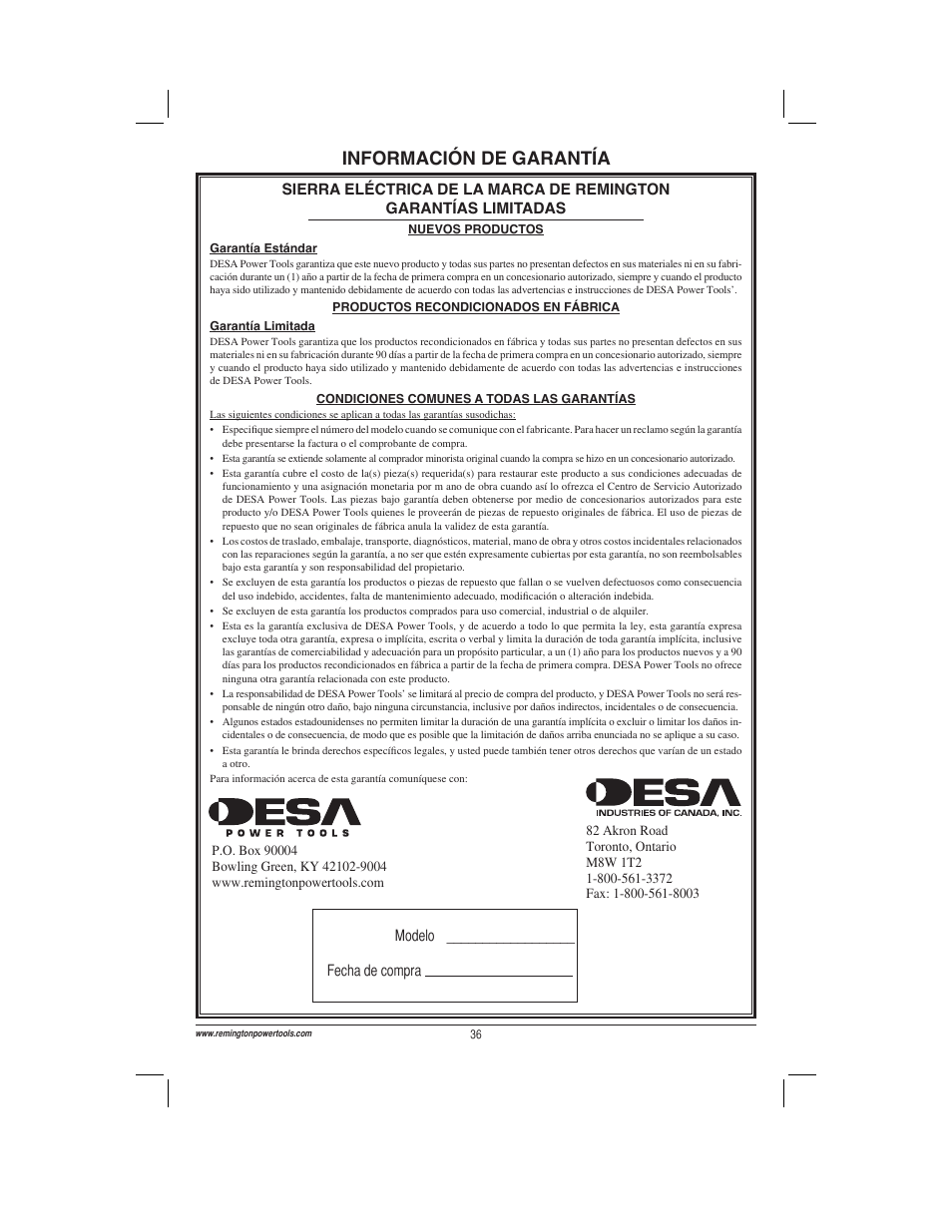 Información de garantía, Modelo __________________ fecha de compra | Remington Power Tools ES1512US User Manual | Page 36 / 60