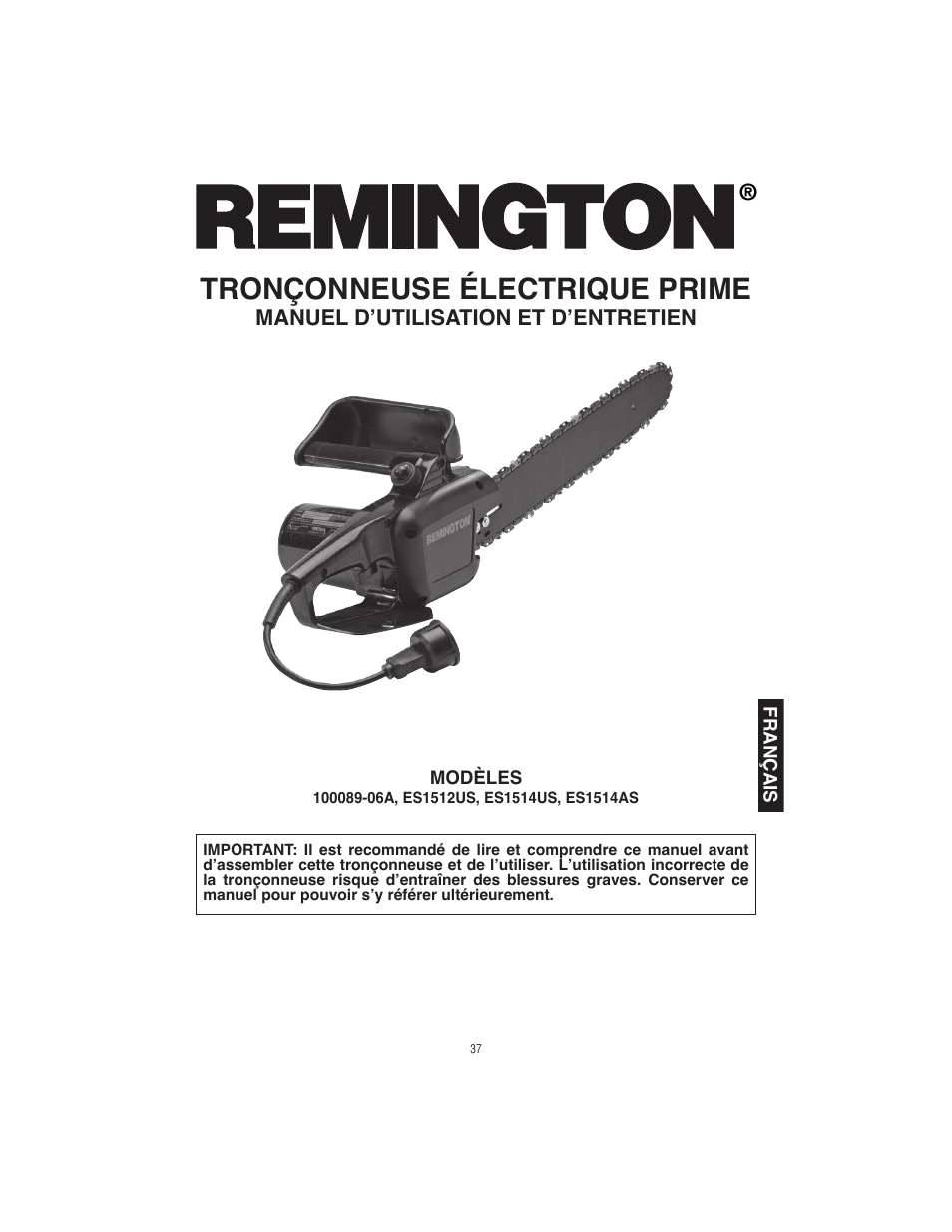 Tronçonneuse électrique prime, Manuel d’utilisation et d’entretien | Remington Power Tools ES1512US User Manual | Page 37 / 60