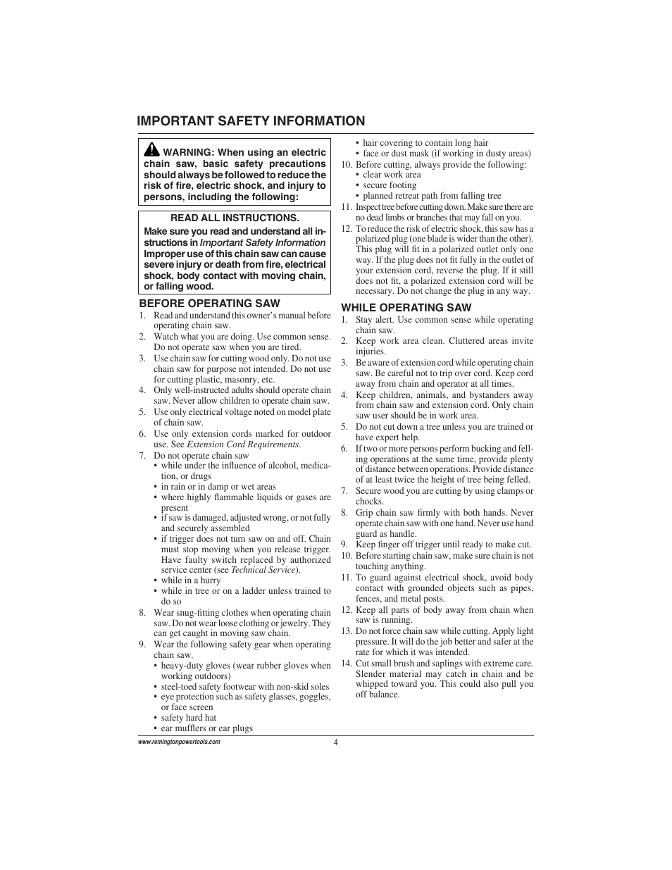 Important safety information | Remington Power Tools ES1512US User Manual | Page 4 / 60