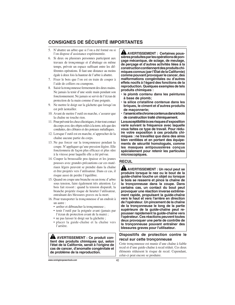 Consignes de sécurité importantes | Remington Power Tools ES1512US User Manual | Page 40 / 60