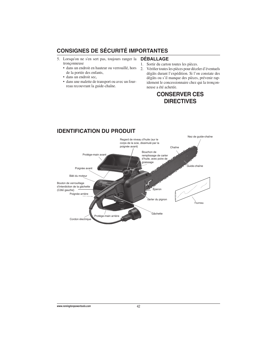 Conserver ces directives, Identification du produit, Consignes de sécurité importantes | Remington Power Tools ES1512US User Manual | Page 42 / 60