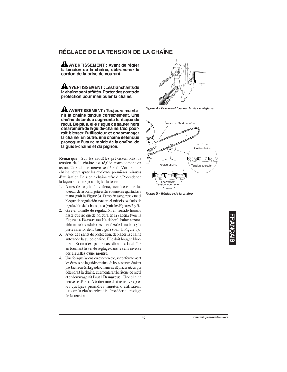 Français réglage de la tension de la chaîne | Remington Power Tools ES1512US User Manual | Page 45 / 60