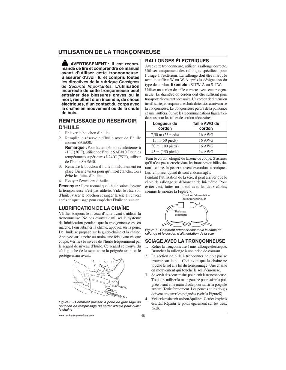 Utilisation de la tronçonneuse | Remington Power Tools ES1512US User Manual | Page 46 / 60