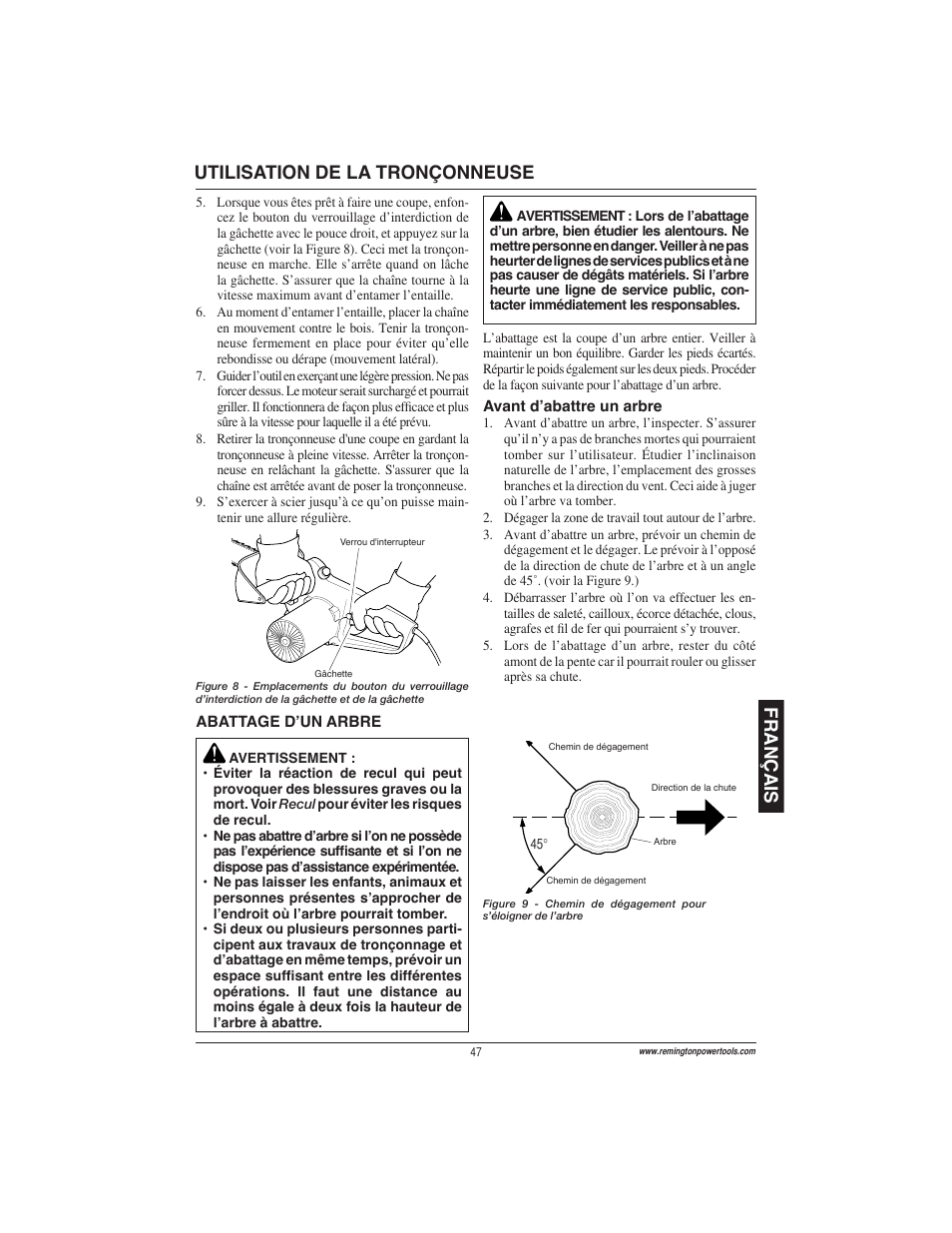 Français, Utilisation de la tronçonneuse | Remington Power Tools ES1512US User Manual | Page 47 / 60