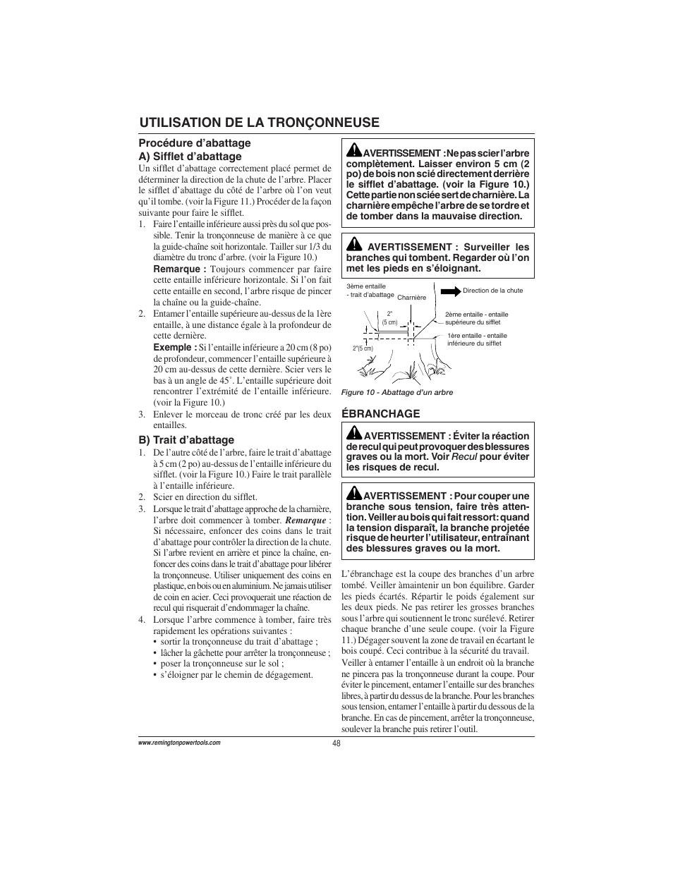 Utilisation de la tronçonneuse | Remington Power Tools ES1512US User Manual | Page 48 / 60