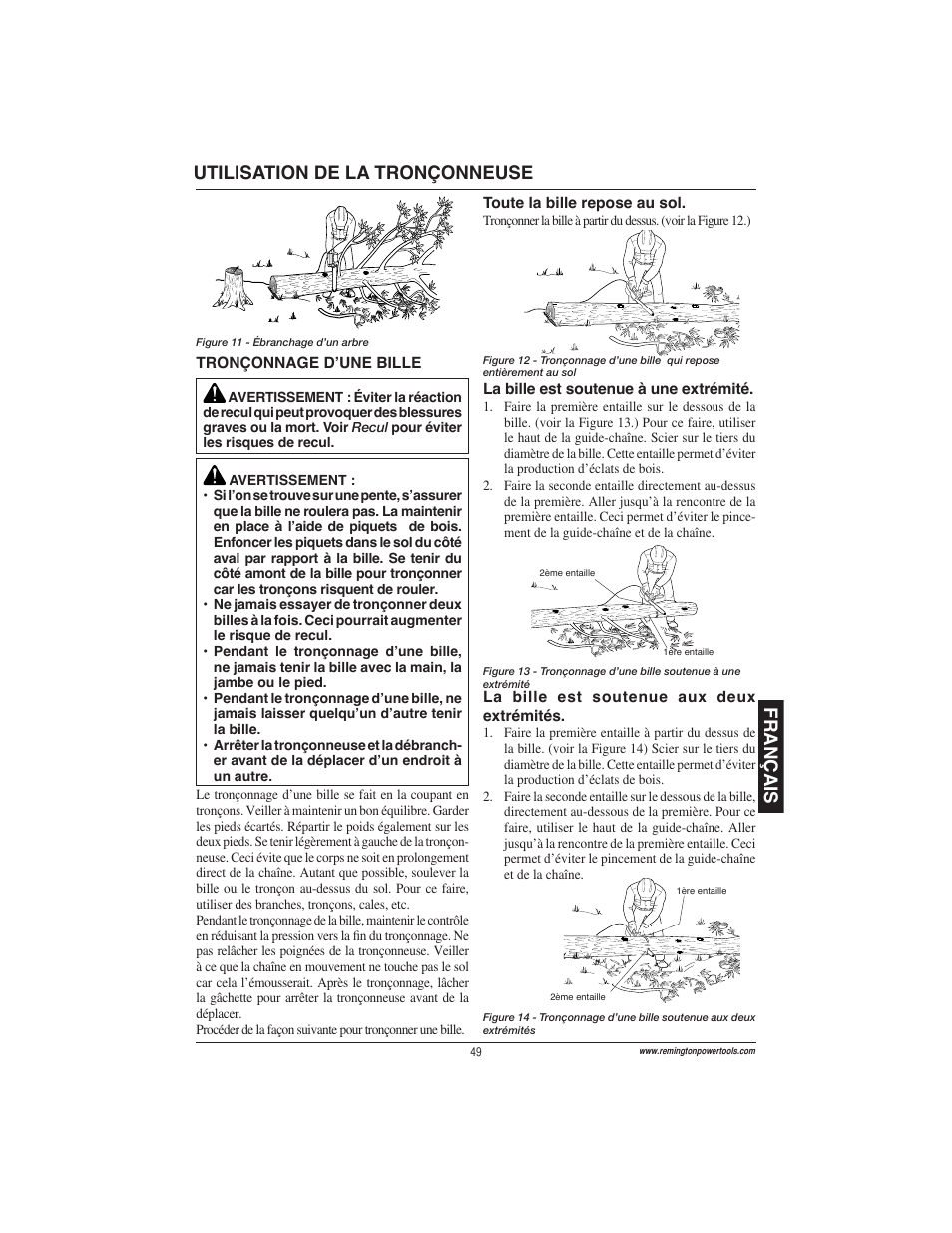 Français, Utilisation de la tronçonneuse | Remington Power Tools ES1512US User Manual | Page 49 / 60