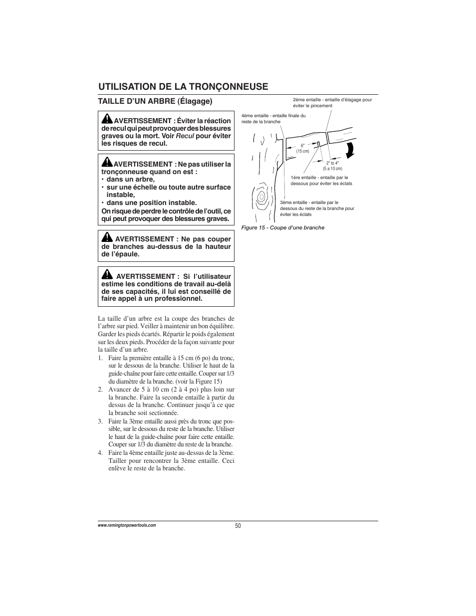 Utilisation de la tronçonneuse | Remington Power Tools ES1512US User Manual | Page 50 / 60