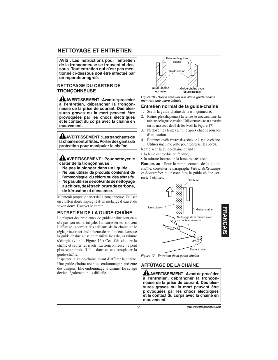 Français nettoyage et entretien | Remington Power Tools ES1512US User Manual | Page 51 / 60