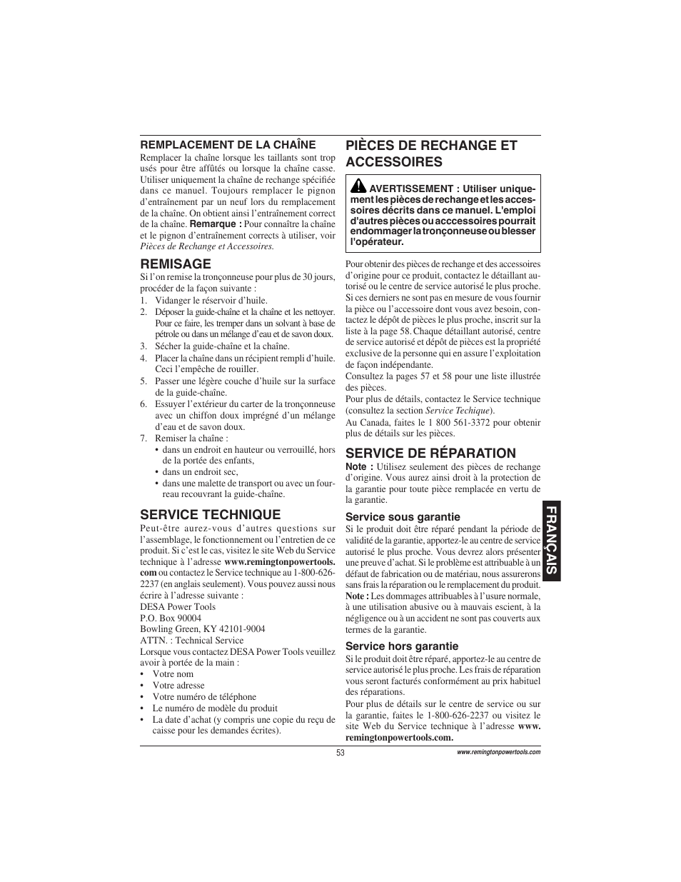 Français remisage, Service technique, Pièces de rechange et accessoires | Service de réparation | Remington Power Tools ES1512US User Manual | Page 53 / 60