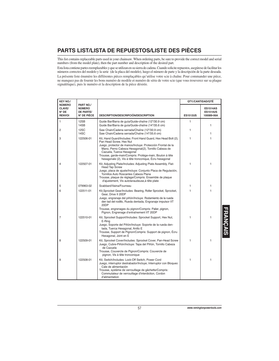 Remington Power Tools ES1512US User Manual | Page 57 / 60