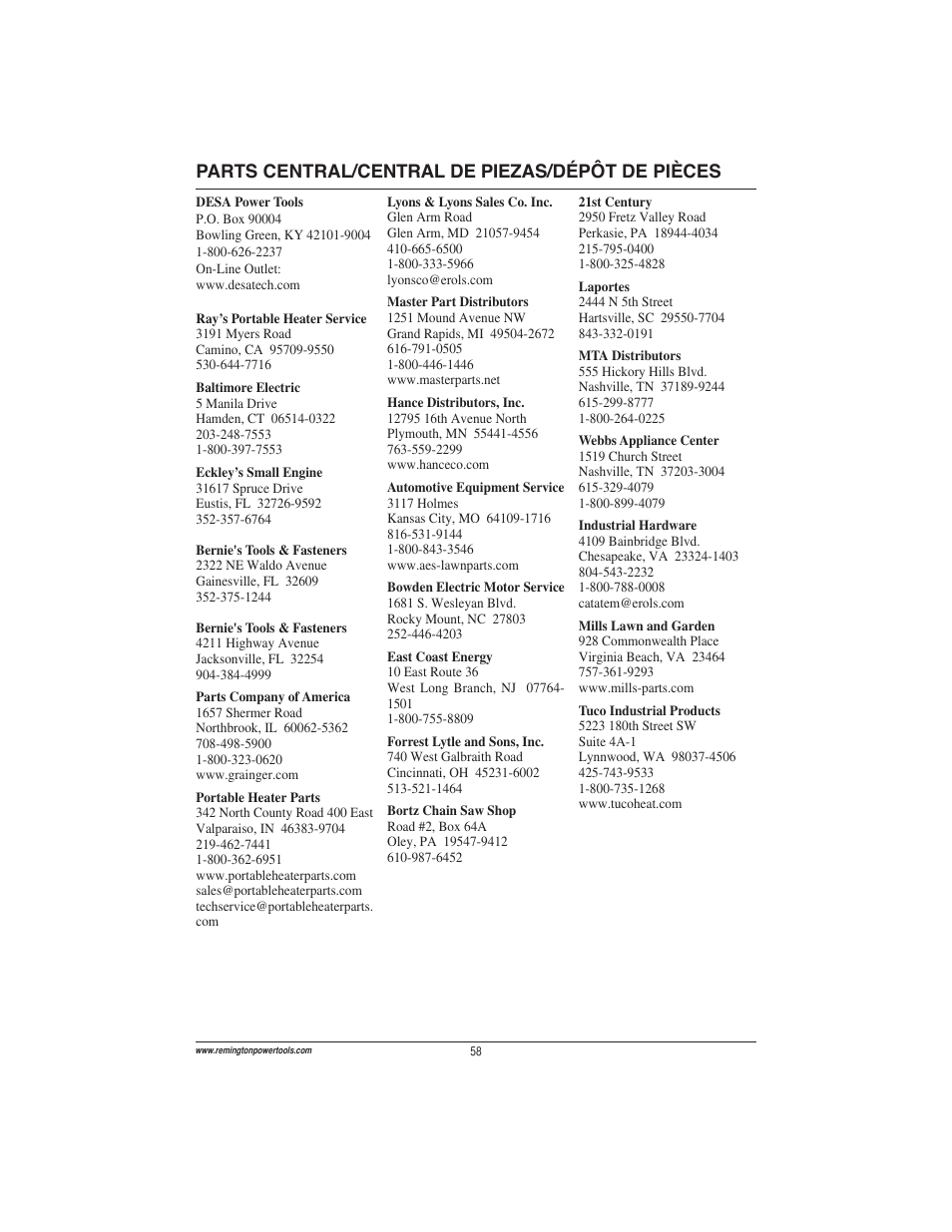 Parts central/central de piezas/dépôt de pièces | Remington Power Tools ES1512US User Manual | Page 58 / 60