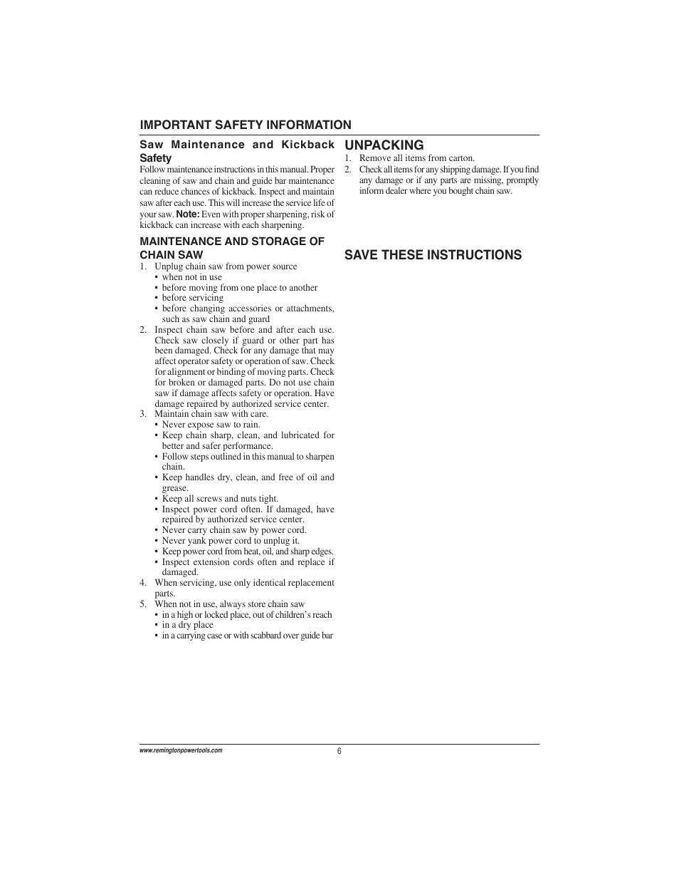 Save these instructions unpacking | Remington Power Tools ES1512US User Manual | Page 6 / 60