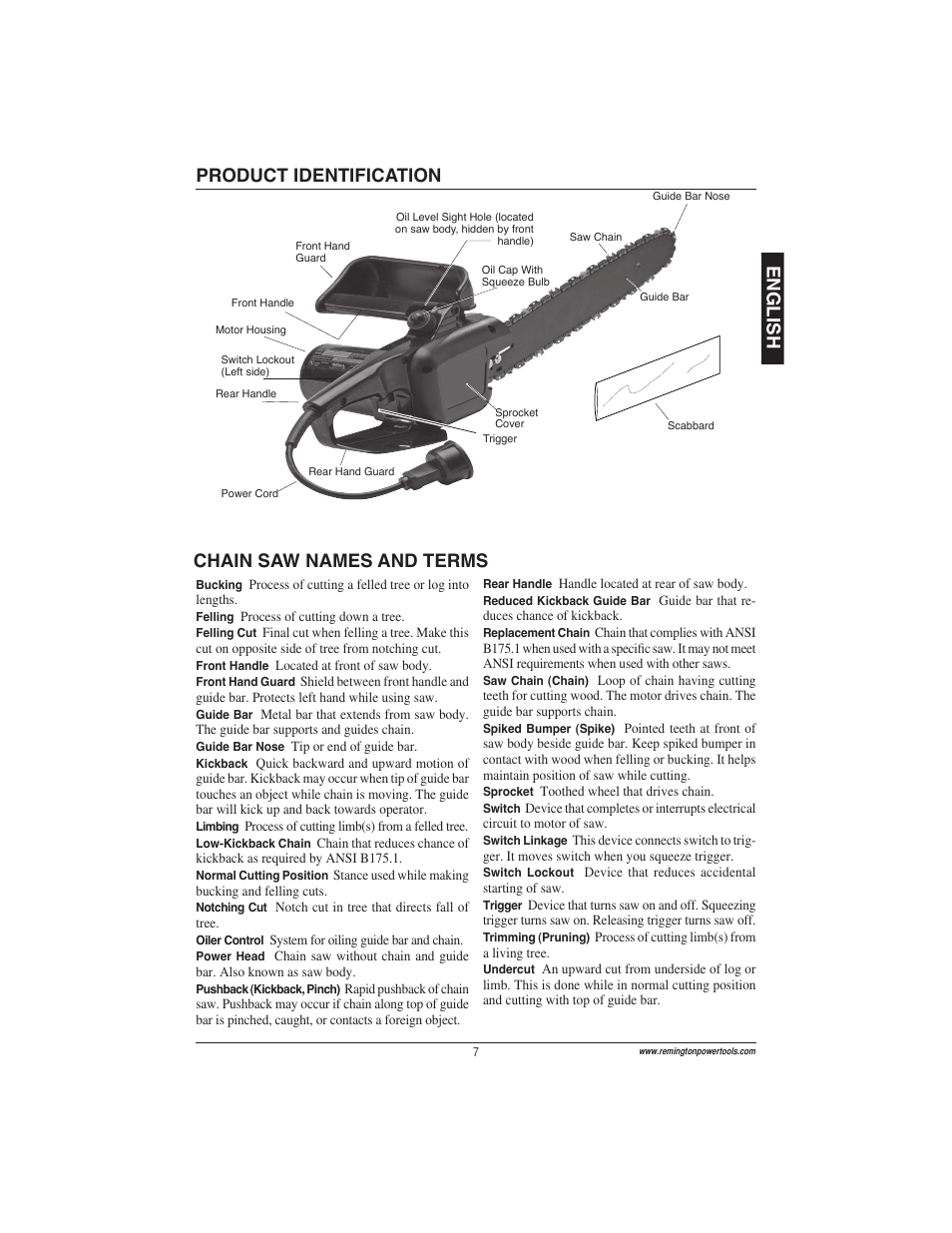 English product identification, Chain saw names and terms | Remington Power Tools ES1512US User Manual | Page 7 / 60