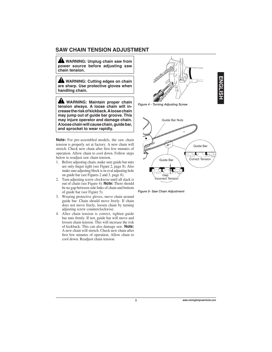 English, Saw chain tension adjustment | Remington Power Tools ES1512US User Manual | Page 9 / 60