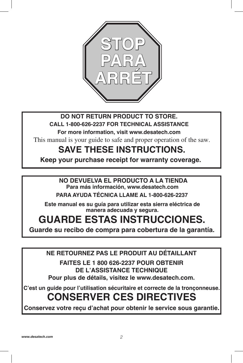 Stop para arrét, Conserver ces directives, Guarde estas instrucciones | Remington Power Tools 104317 User Manual | Page 2 / 76