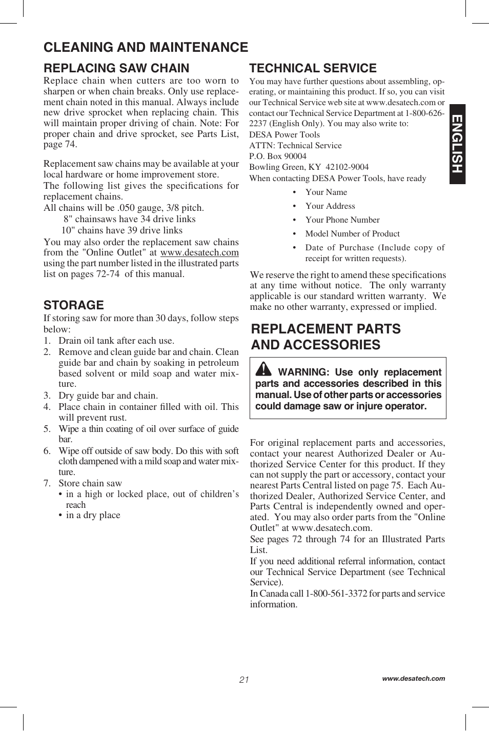 English, Cleaning and maintenance, Replacement parts and accessories | Remington Power Tools 104317 User Manual | Page 21 / 76