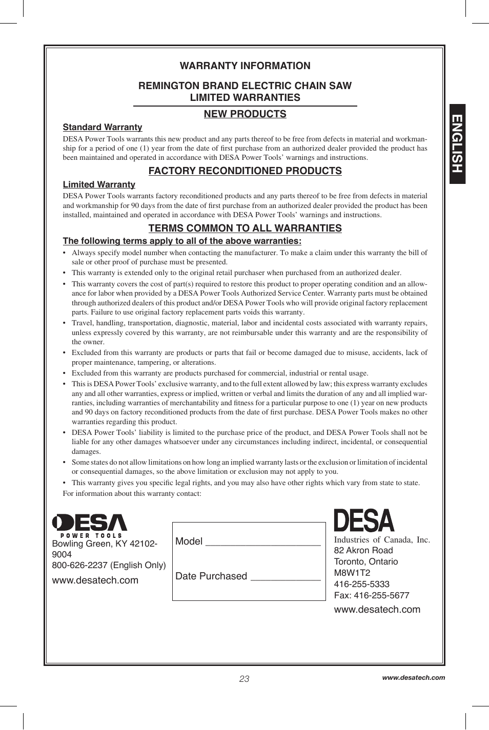 English | Remington Power Tools 104317 User Manual | Page 23 / 76