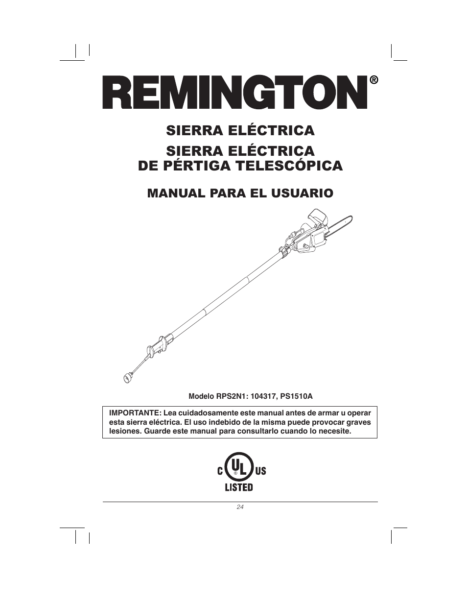 Sierra eléctrica, Sierra eléctrica de pértiga telescópica | Remington Power Tools 104317 User Manual | Page 24 / 76