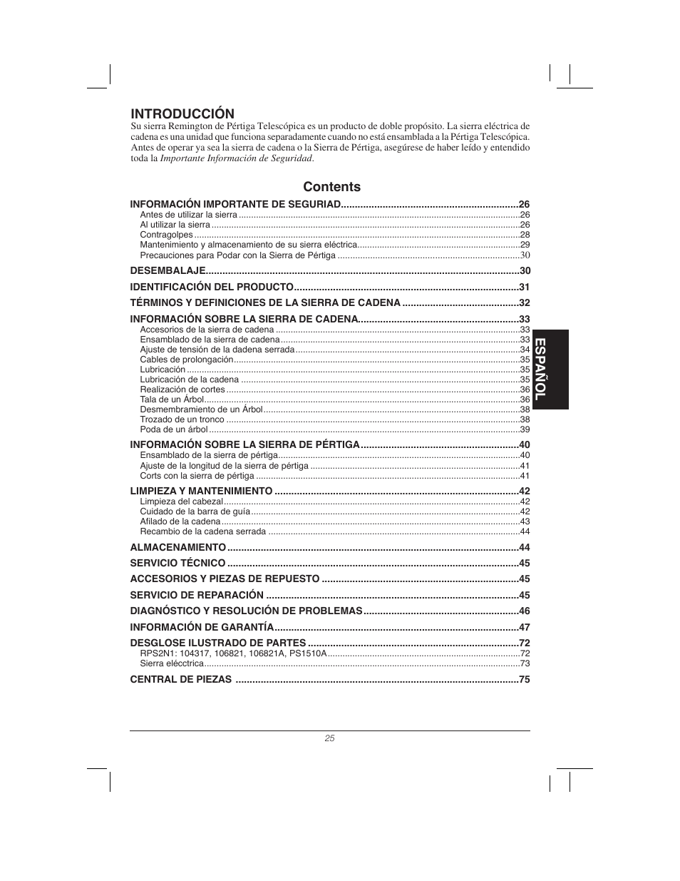 Esp añol contents, Introducción | Remington Power Tools 104317 User Manual | Page 25 / 76