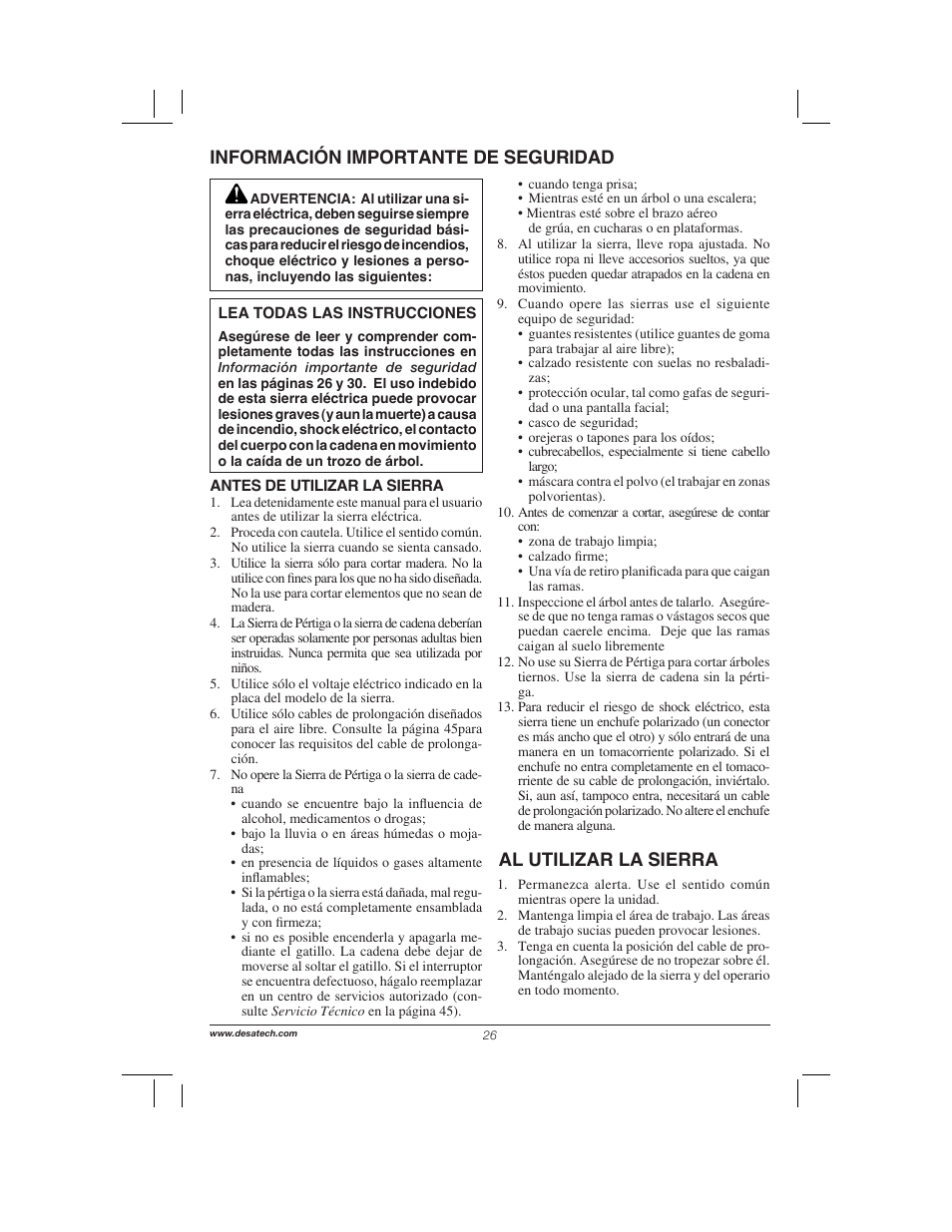 Información importante de seguridad, Al utilizar la sierra | Remington Power Tools 104317 User Manual | Page 26 / 76