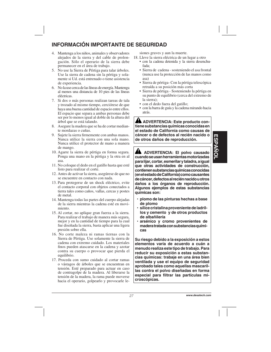 Esp añol, Información importante de seguridad | Remington Power Tools 104317 User Manual | Page 27 / 76