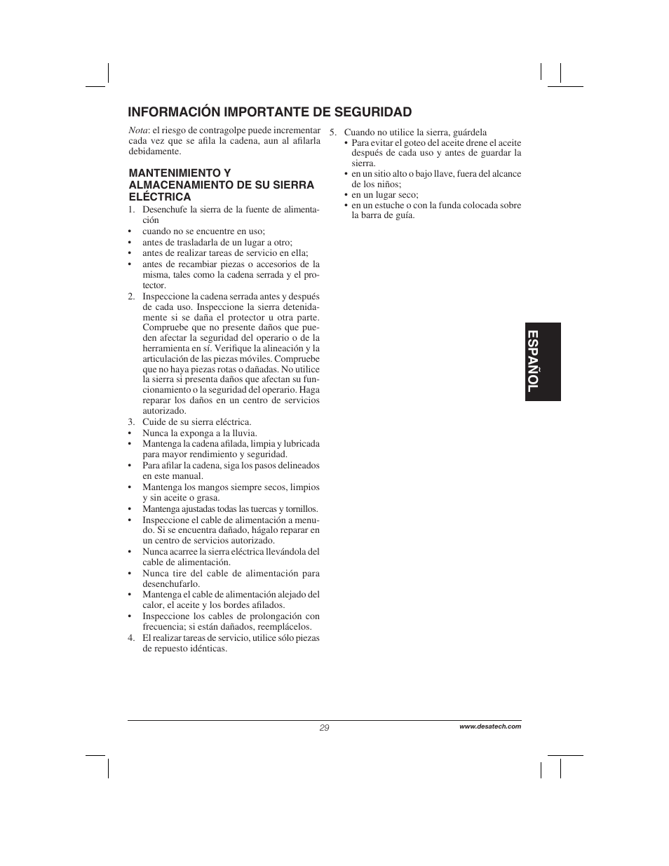 Esp añol, Información importante de seguridad | Remington Power Tools 104317 User Manual | Page 29 / 76