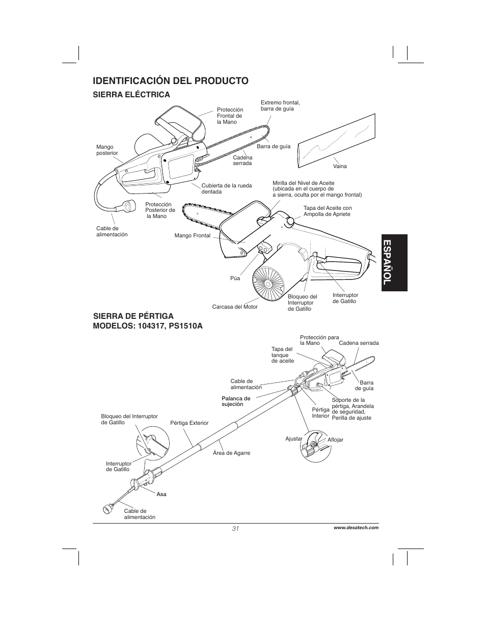 Esp añol, Identificación del producto, Sierra eléctrica | Remington Power Tools 104317 User Manual | Page 31 / 76