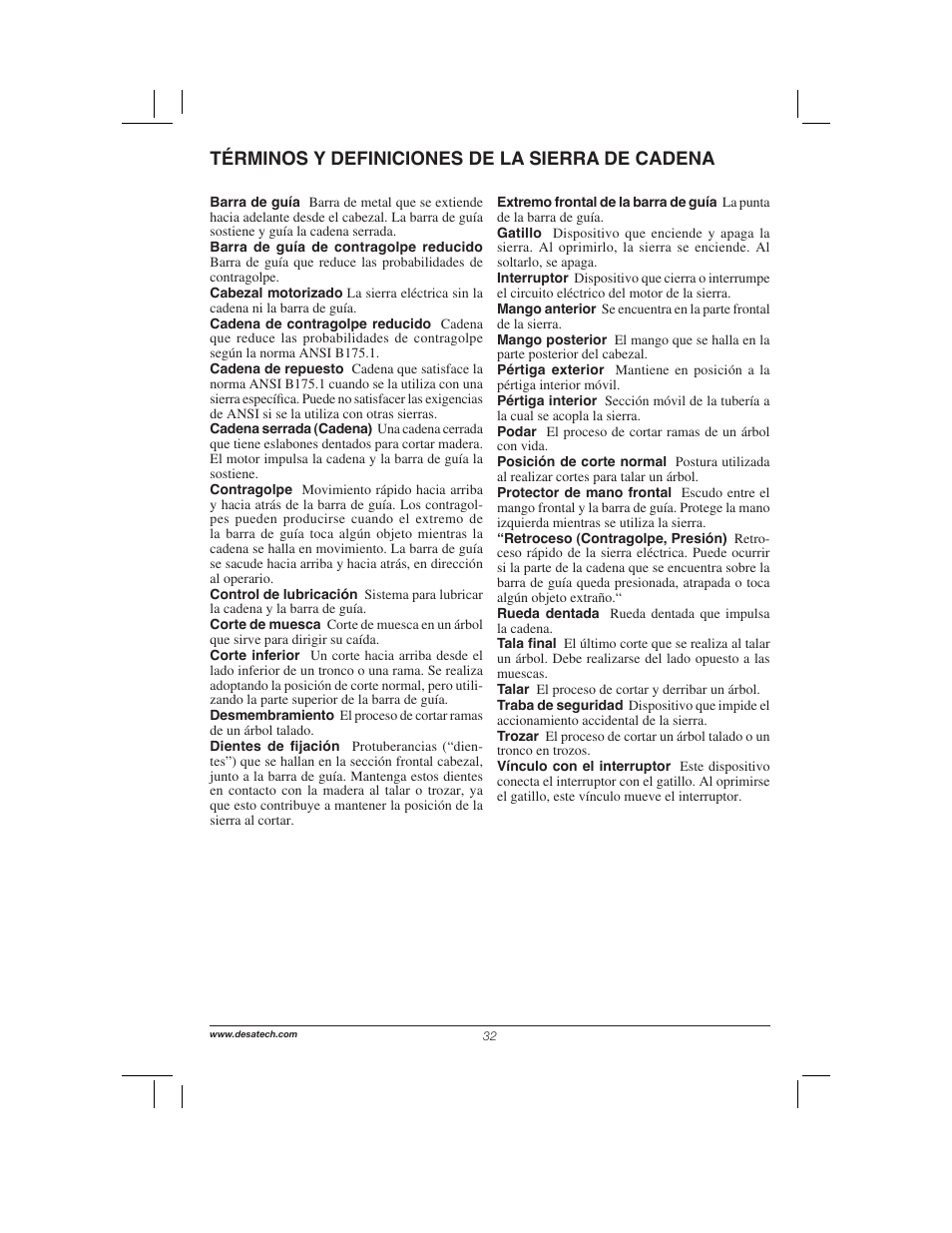 Términos y definiciones de la sierra de cadena | Remington Power Tools 104317 User Manual | Page 32 / 76