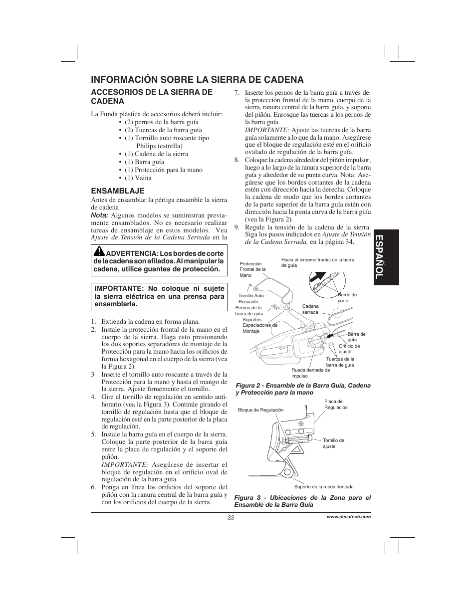 Esp añol información sobre la sierra de cadena | Remington Power Tools 104317 User Manual | Page 33 / 76