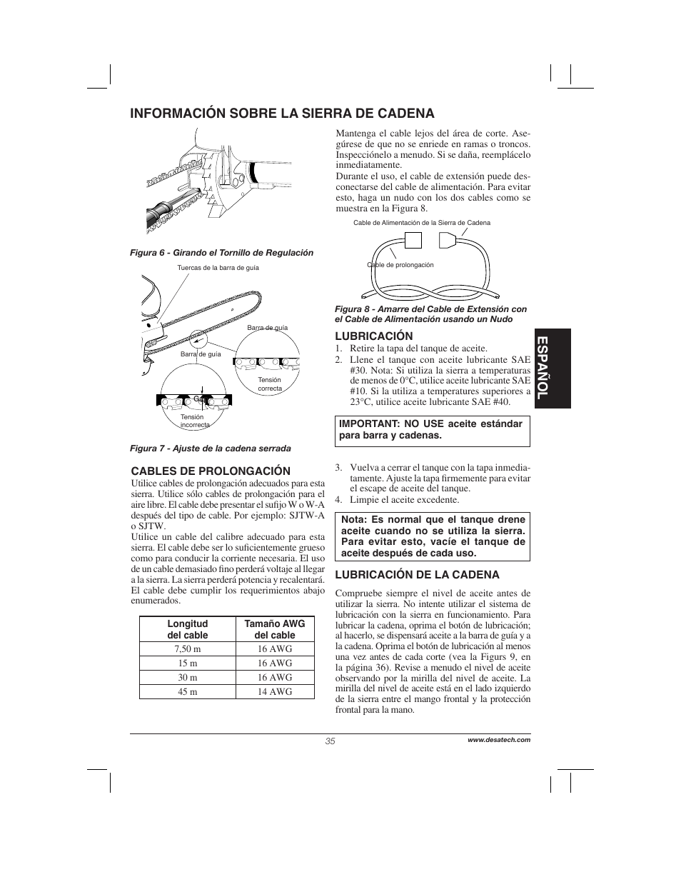 Esp añol, Información sobre la sierra de cadena | Remington Power Tools 104317 User Manual | Page 35 / 76