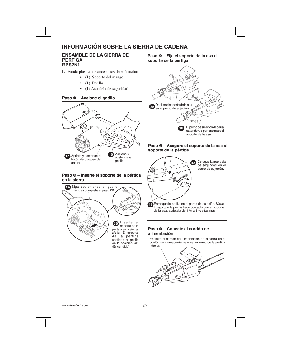 Información sobre la sierra de cadena, Ensamble de la sierra de pértiga rps2n1 | Remington Power Tools 104317 User Manual | Page 40 / 76