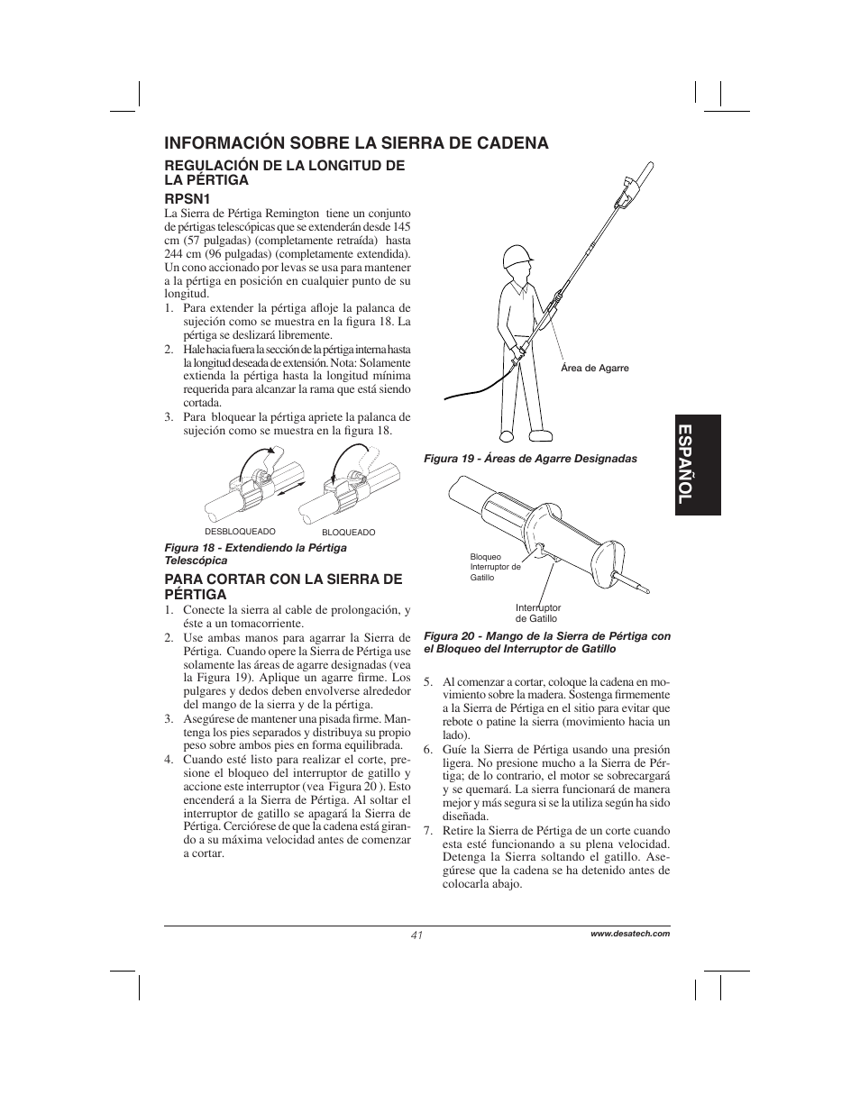 Esp añol información sobre la sierra de cadena | Remington Power Tools 104317 User Manual | Page 41 / 76